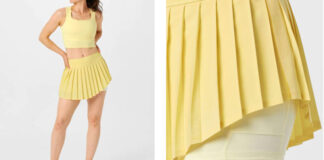New Balance impresses with a sweet, subtle twist on the pleated tennis skirt for the US Open New Balance Women's Fall Tournament Skirt in enoki yellow