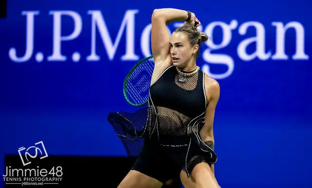 Aryna Sabalenka in her black mesh dress at the 2026 US Open