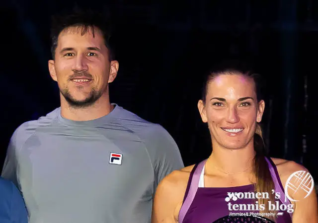 Timea Babos with her fitness coach Zoltan Nemeth during the 2025 WTA Finals Riyadh doubles trophy ceremony 